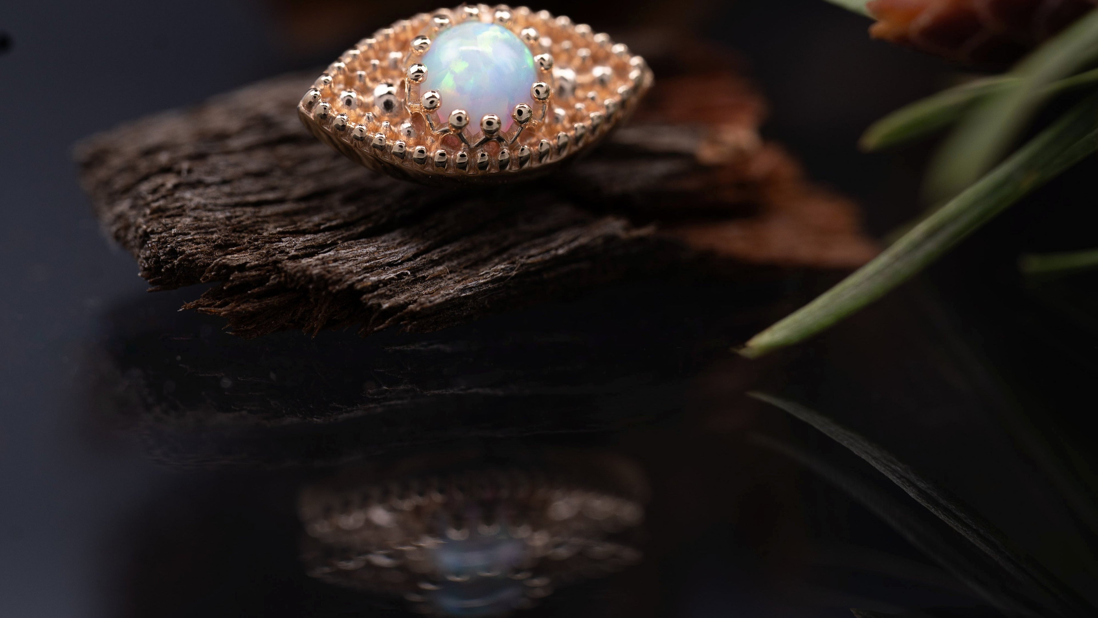Gold ring with a central gemstone on a dark background with pine cones and branches.